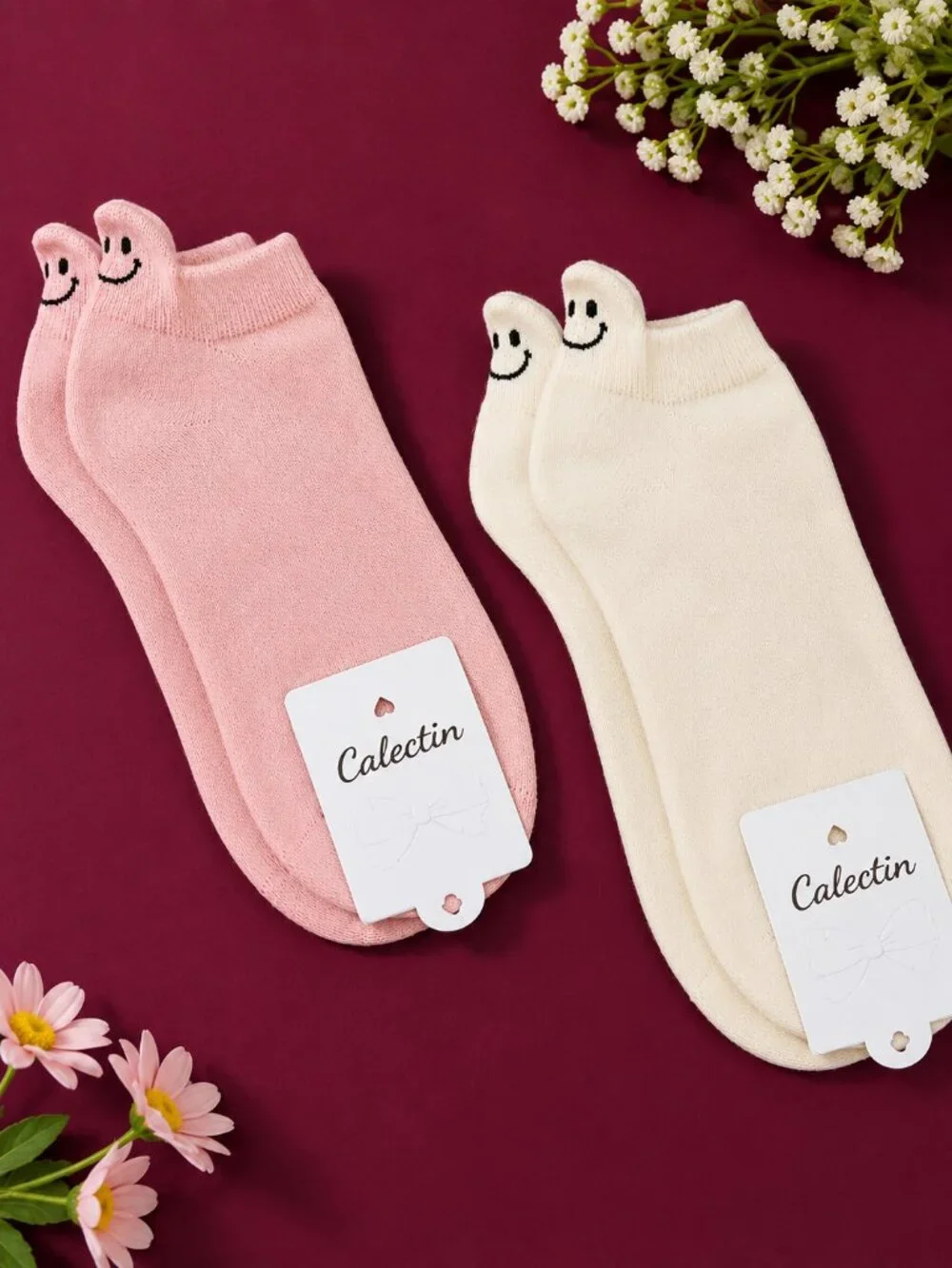 Calectin 2-Pair Smiley Face Ankle Socks 1 Neutral Cream 1 Pink– NWT